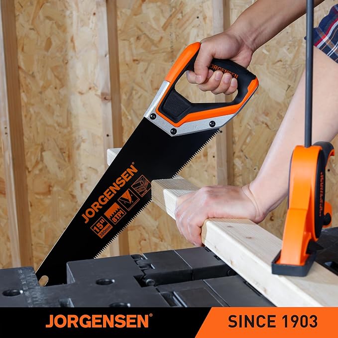 JORGENSEN 15??Hand Saw, Black Coated Coarse Handsaw 8TPI for Wood Cutting, Ergonomic Non-Slip