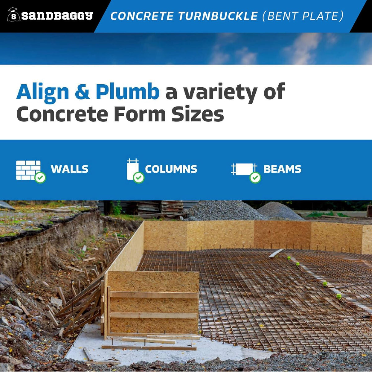 Sandbaggy Concrete Turnbuckle Form Aligner with 5" x 3" Bent Plate (35" - 37.5" Length) - Rust