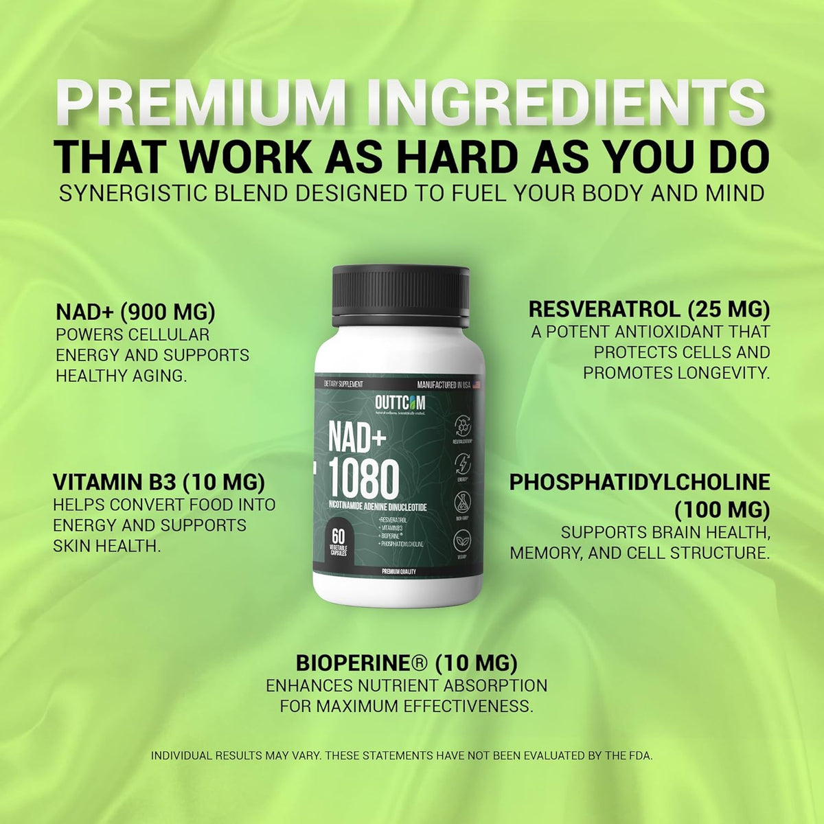 NAD+ Supplement w/ Resveratrol, B12, Phosphatidylcholine & Bioperine – 900mg NAD+ Capsule, 60