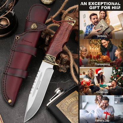 Fixed Blade Hunting Knife with Horizontal Leather Sheath YU-LN, 10.63" Bushcraft Knife for Men with