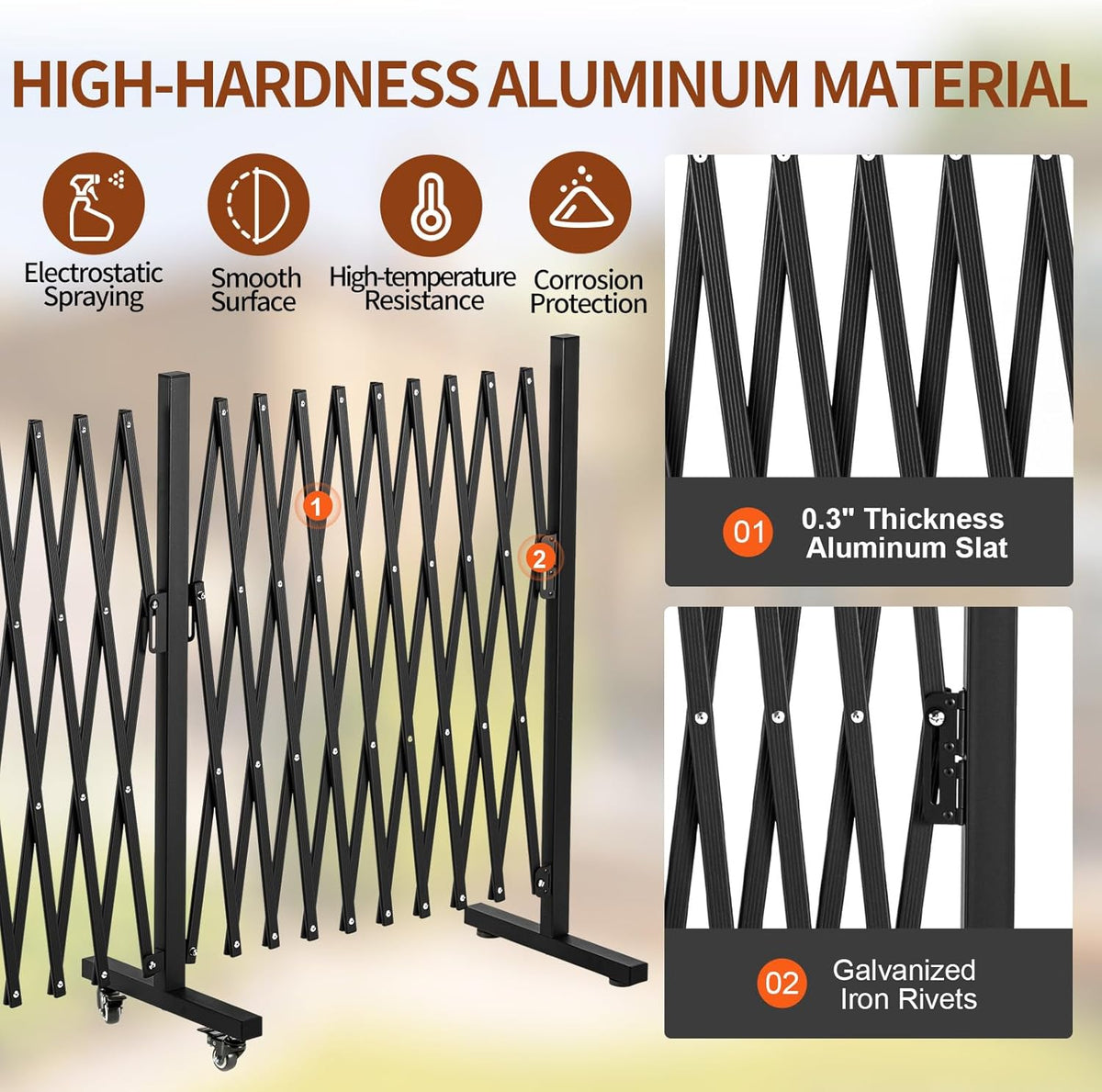 TECSPACE Aluminum Expandable Garden Fence, Portable Barricade Gate with Casters, Expansion Size