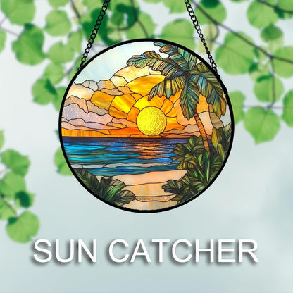 Stained Glass Window Hanging 4 Pcs Set Blue Ocean Coconut Tree Scenery 6.3" - Suncatcher Door