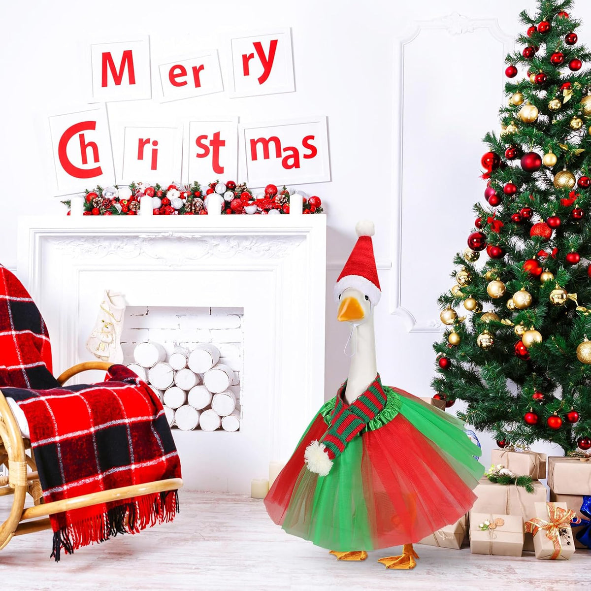 3 Pcs Christmas Porch Goose Outfit for 23'' Lawn Porch Goose Statue Clothes Santa Hat Tutu Costume