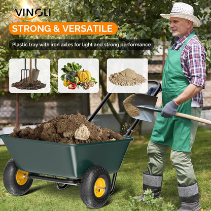 VINGLI 2 Wheel Wheelbarrow, Plastic and Steel Wheel Barrel, 300lbs Capacity Garden Cart for Lawn