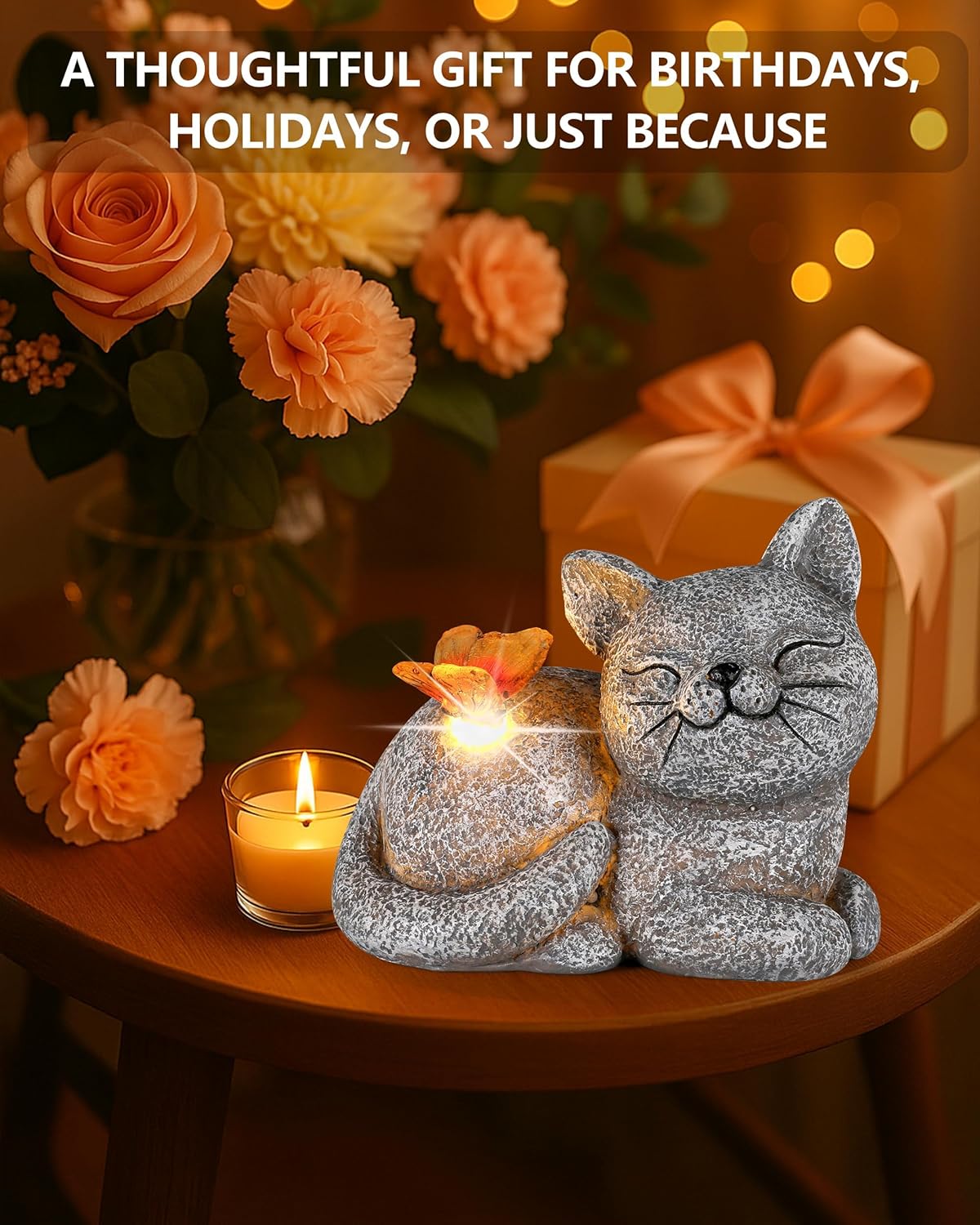 Solar Cat Garden Statue with Butterfly Light – 5-Inch Outdoor Resin Figurine for Yard, Patio
