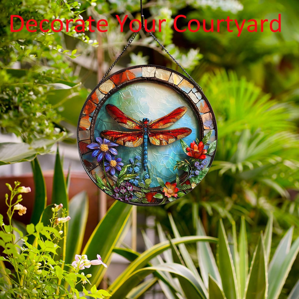 Dragonfly and Flower Suncatcher Stained Glass,Hanging Stained Glass Suncatcher for