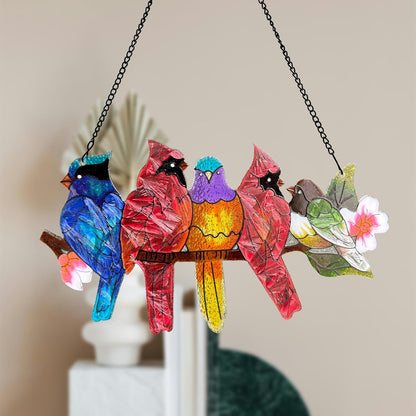 Stained Glass Window Hanging - Large Stained Glass Birds on Branch, Birds Sun Catchers Indoor