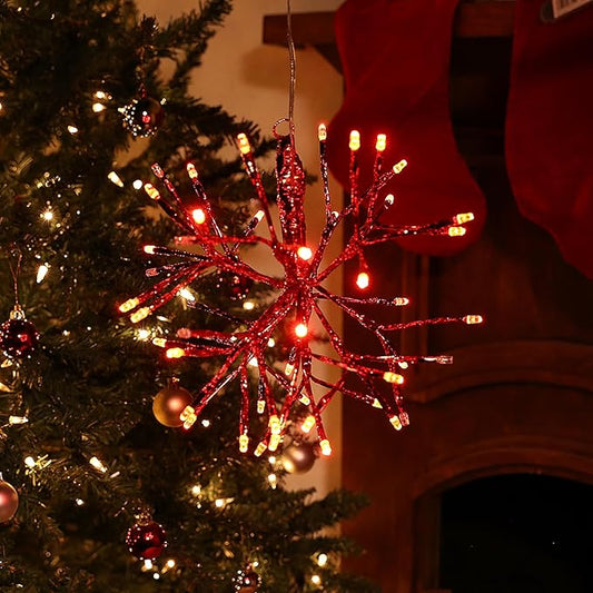 Alpine Corporation 10" H Indoor Christmas Twig 3D Hanging Snowflake Ornament with LED Lights, Red
