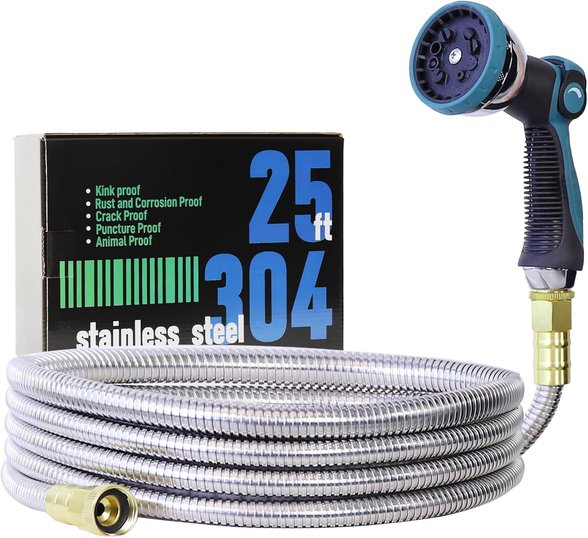 25FT Garden Hose, 304 Stainless Steel Water Hose, Flexible with a 10-Mode Nozzle Sprayer, No Kink
