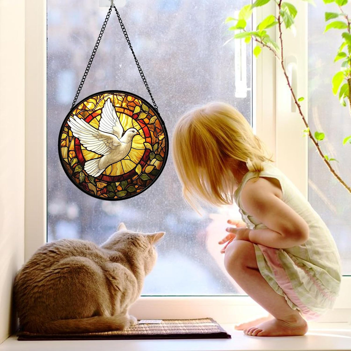 Stained Glass Window Hanging, Flying White Dove Sun Catchers Diamond Glass Panel Hangings Cute