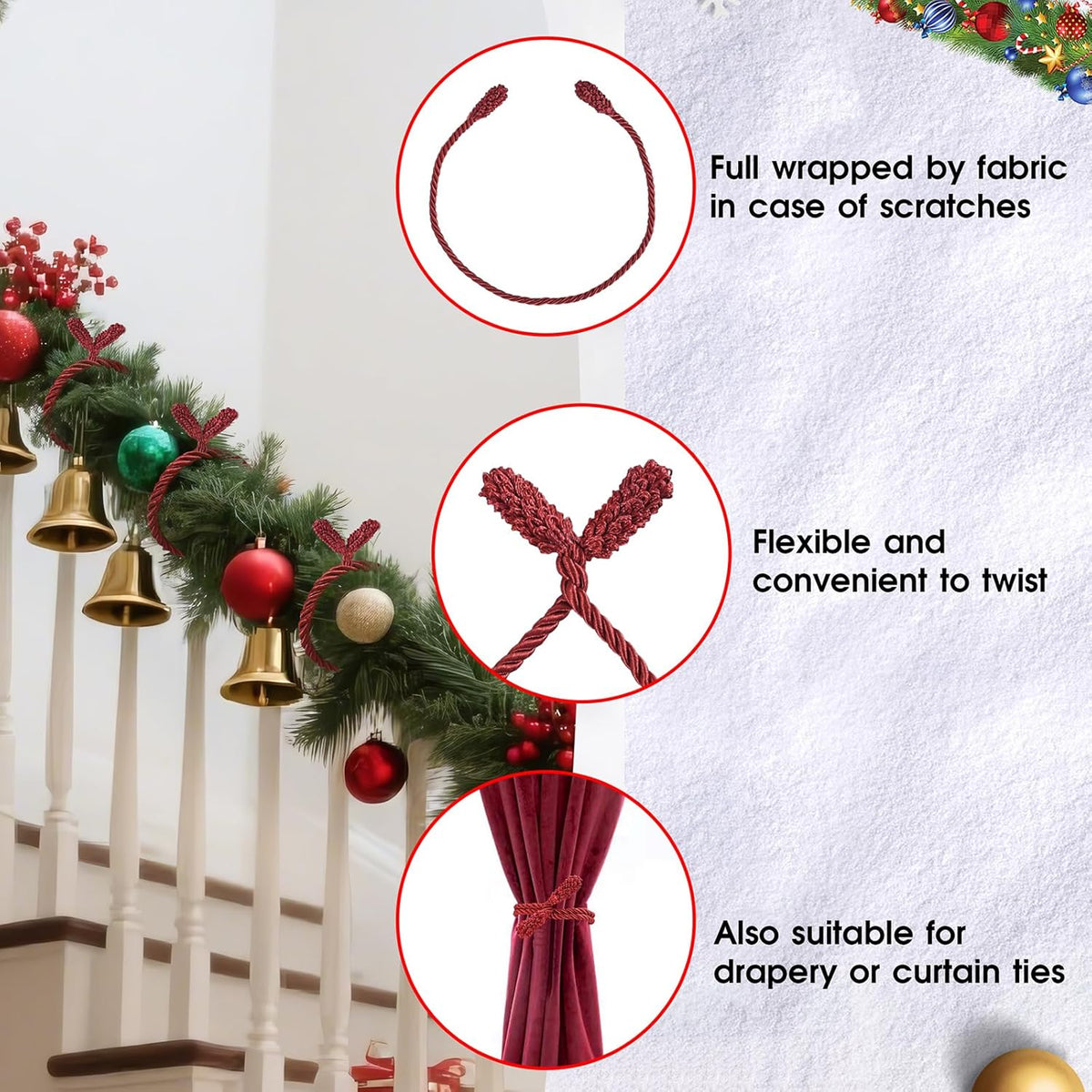 Christmas Garland Ties, 16Pcs 20in Garland Twist Ties for Banister, Reusable and Flexible