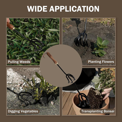Hand Cultivator Rake, Ergonomic Small Garden Rake with Walnut Handle & 4 Durable Tines, Garden