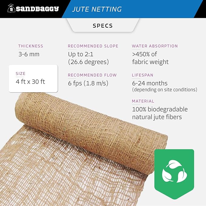 Sandbaggy Jute Netting Roll, 4 ft x 30ft - Biodegradable Erosion Control Blanket for Slopes, Hills