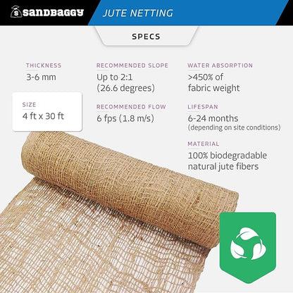 Sandbaggy Jute Netting Roll, 4 ft x 30ft - Biodegradable Erosion Control Blanket for Slopes, Hills
