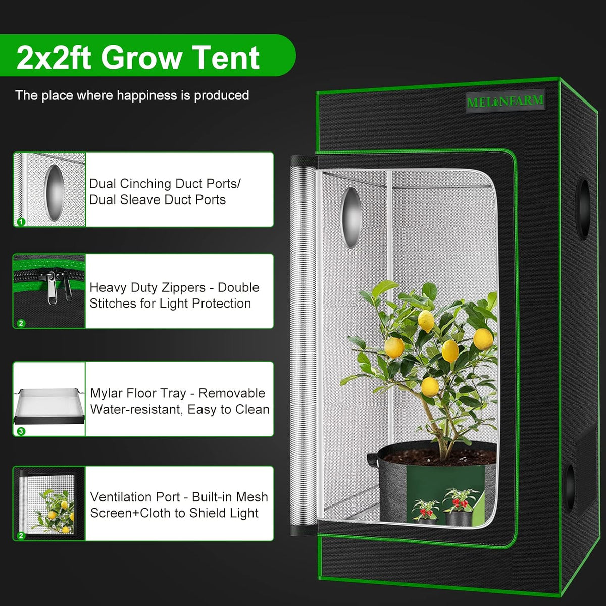 MELONFARM 2x2 Grow Tent, 24"x24"x36'' High Reflective 600D Diamond Mylar Canvas with Observation