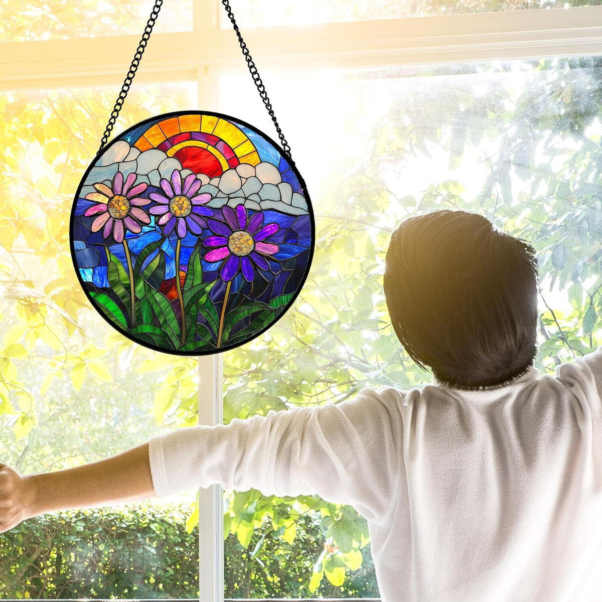Stained Glass Window Hanging, Butterfly and Sunflowers Sun Catchers Glass Panel Plant Insects
