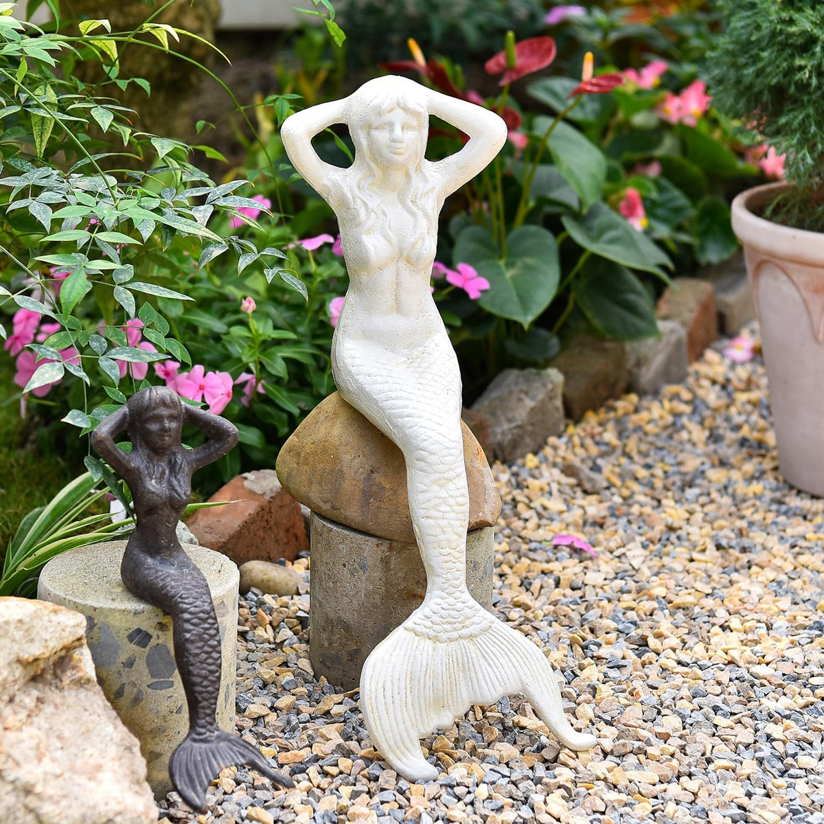 Sungmor 14.3" Tall Large Cast Iron Mermaid Statue, Sitting Mermaid Sculpture Decoration for Pool