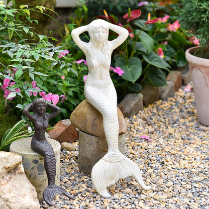 Sungmor 14.3" Tall Large Cast Iron Mermaid Statue, Sitting Mermaid Sculpture Decoration for Pool