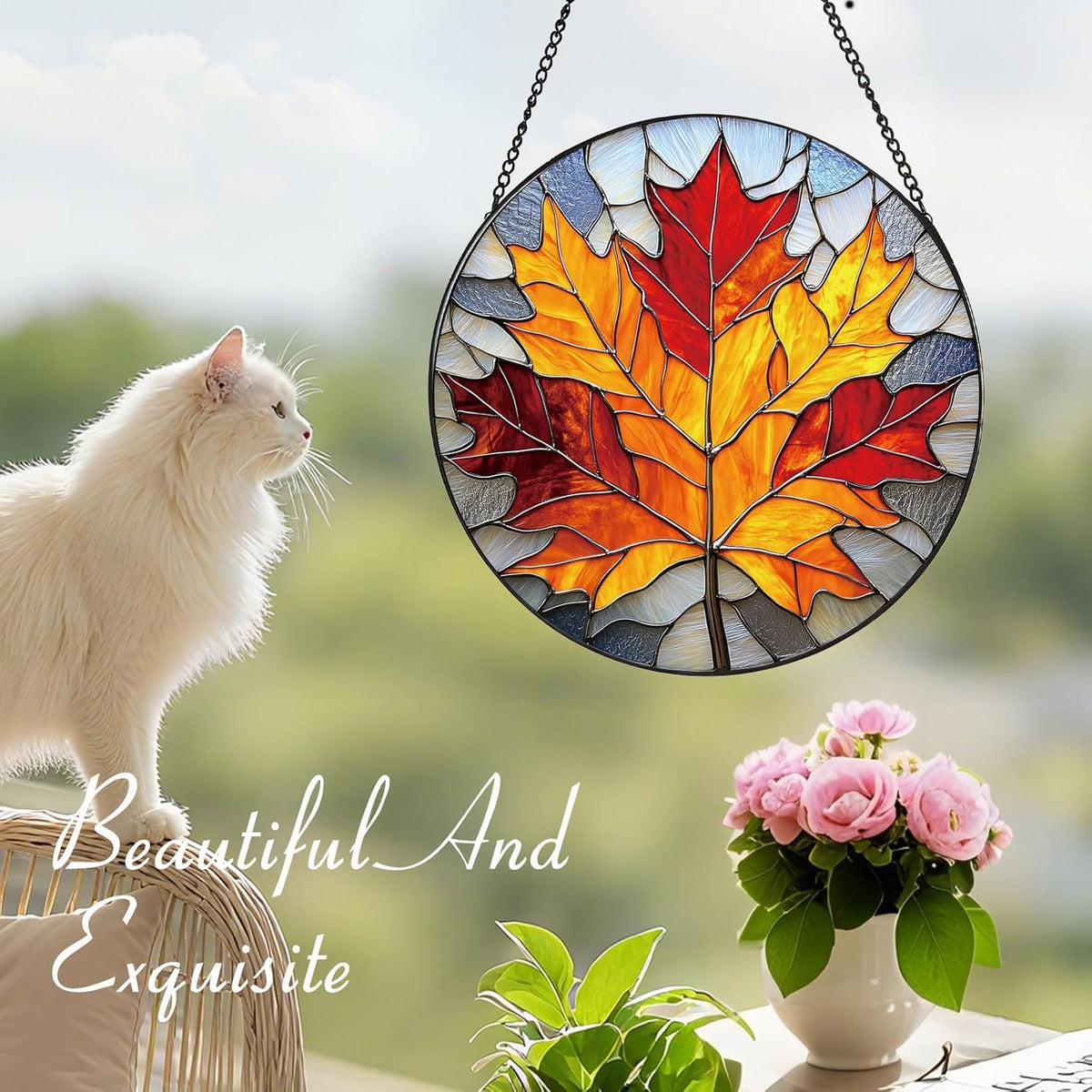 Rustic Autumn Maple Leaves Suncatcher -7.9 in Stained Glass Window Hanging Sun Catcher Garden Decor