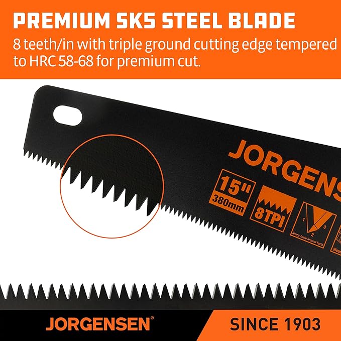 JORGENSEN 15??Hand Saw, Black Coated Coarse Handsaw 8TPI for Wood Cutting, Ergonomic Non-Slip