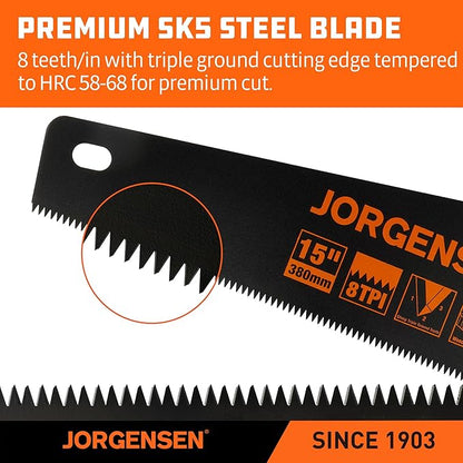 JORGENSEN 15??Hand Saw, Black Coated Coarse Handsaw 8TPI for Wood Cutting, Ergonomic Non-Slip