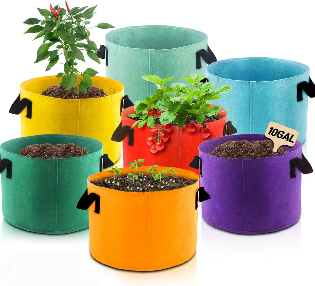 10-Gallon Fabric Grow Bags (7 Pack of Mix Colors) with Handles for Potato Tomato Flower and