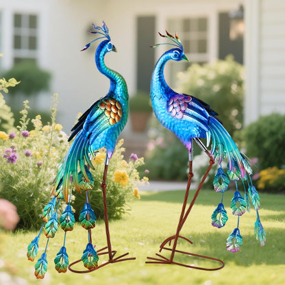 chisheen Metal Peacock Statue Garden Decor Yard Art Decoration Outdoor Sculpture,Set of