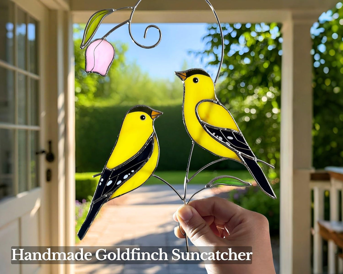 Goldfinch (1 Pair) Stained Glass Birds Suncatcher for Mom, Grandma, Women - Real Glass Window