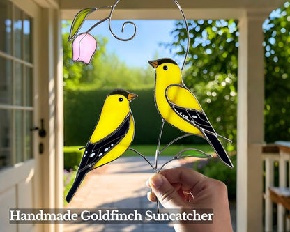 Goldfinch (1 Pair) Stained Glass Birds Suncatcher for Mom, Grandma, Women - Real Glass Window