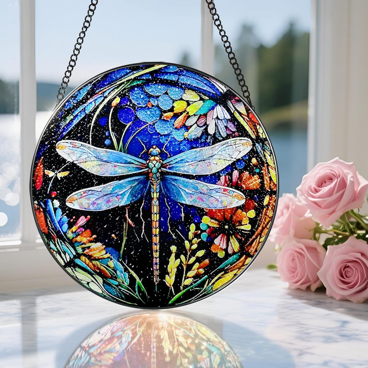 8 Inch Stained Glass Suncatcher Ornament, DOUHASU Dragonfly Sun Catchers Indoor Window, Stained