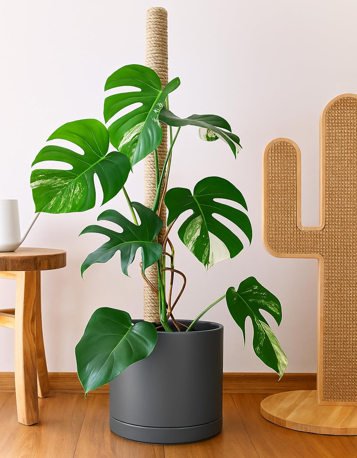 D'vine Dev 14 Inch Ceramic Planter Pot with Drainage Hole and Saucer, Indoor Cylinder Round Planter