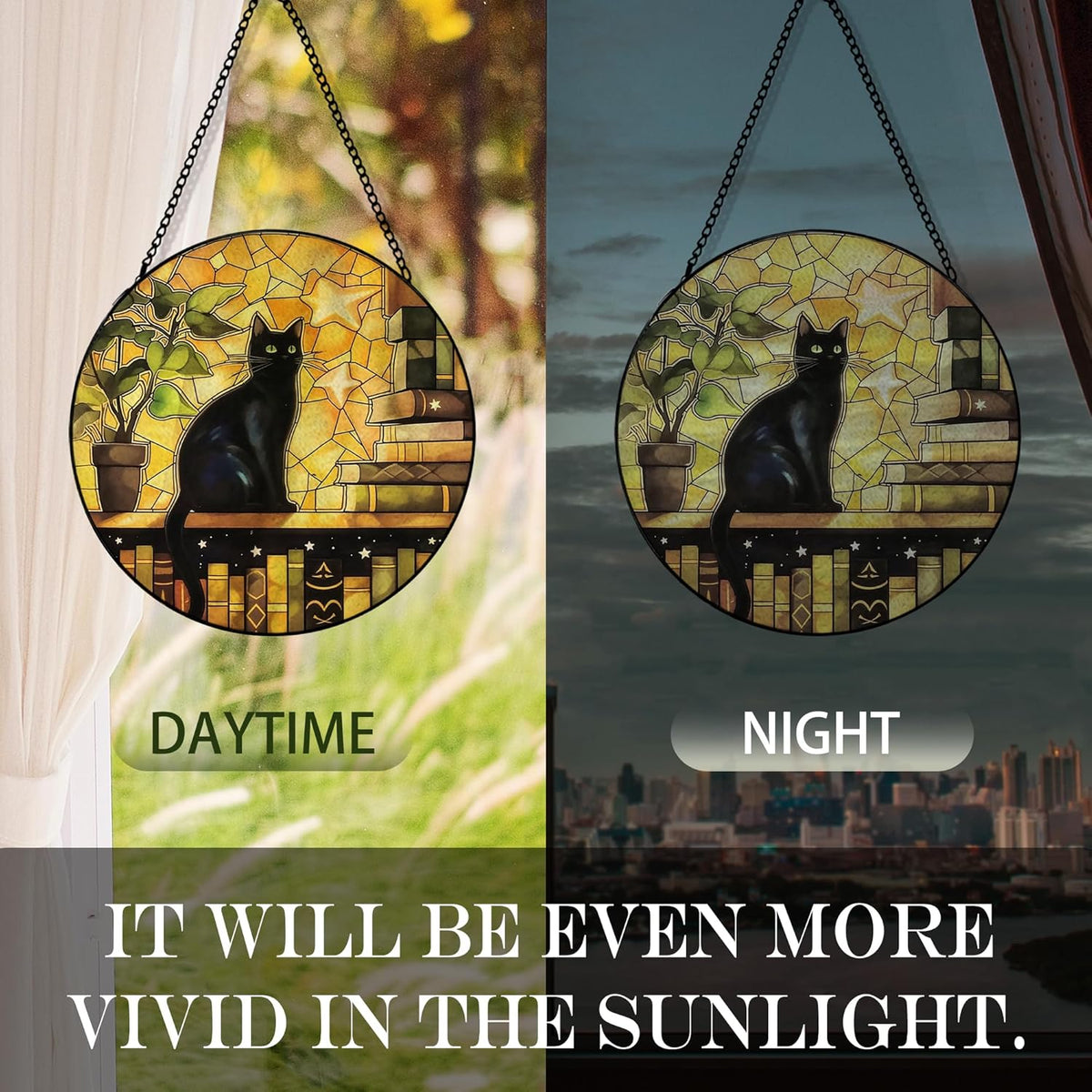 Black Cat Suncatcher Stained Glass Window Hanging, Cat Book Lovers Sun Catchers Indoor Window Glass