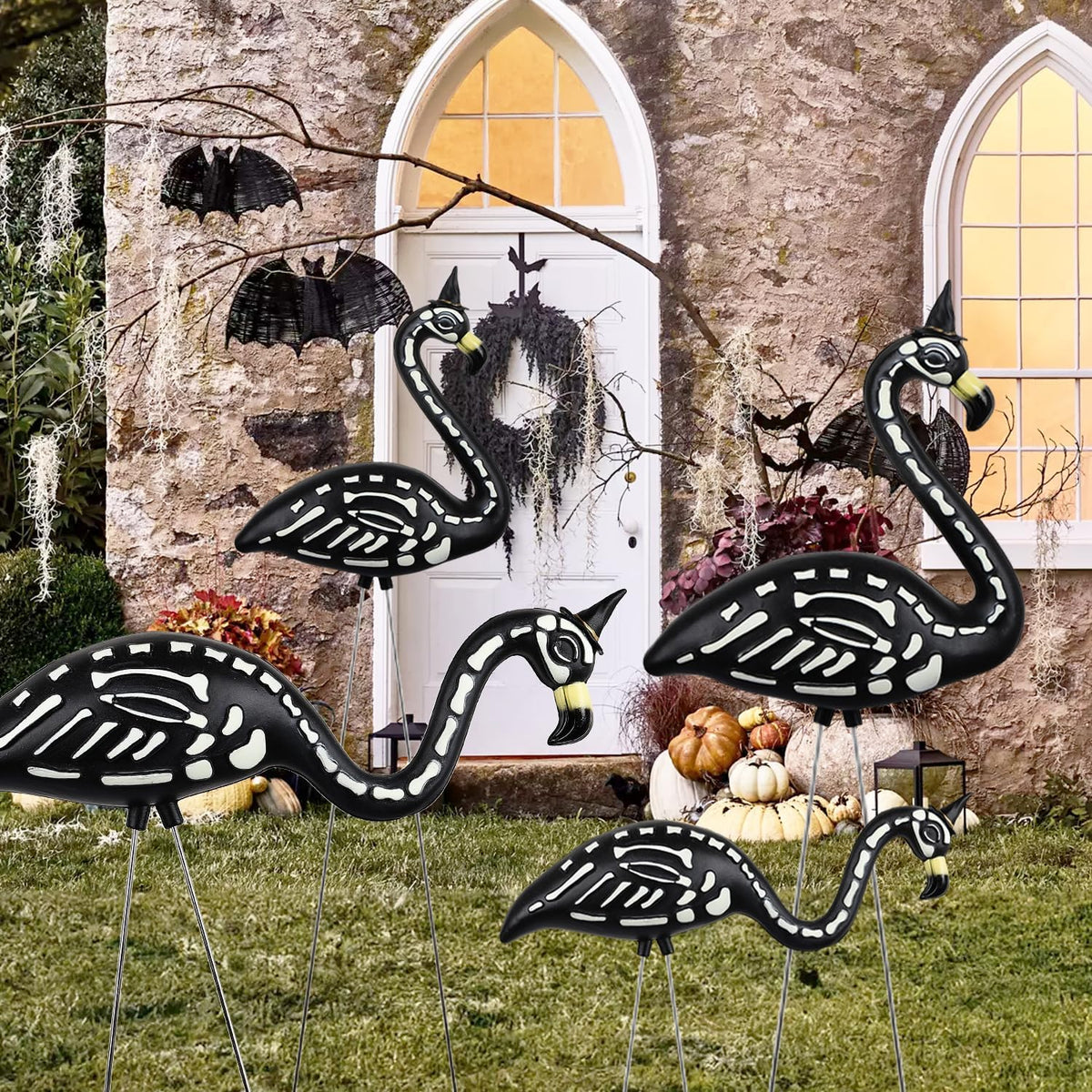 Halloween Black Flamingo Skeleton,Skeleton Flamingo Glow in The Dark, Zombie Flamingos for Spooky
