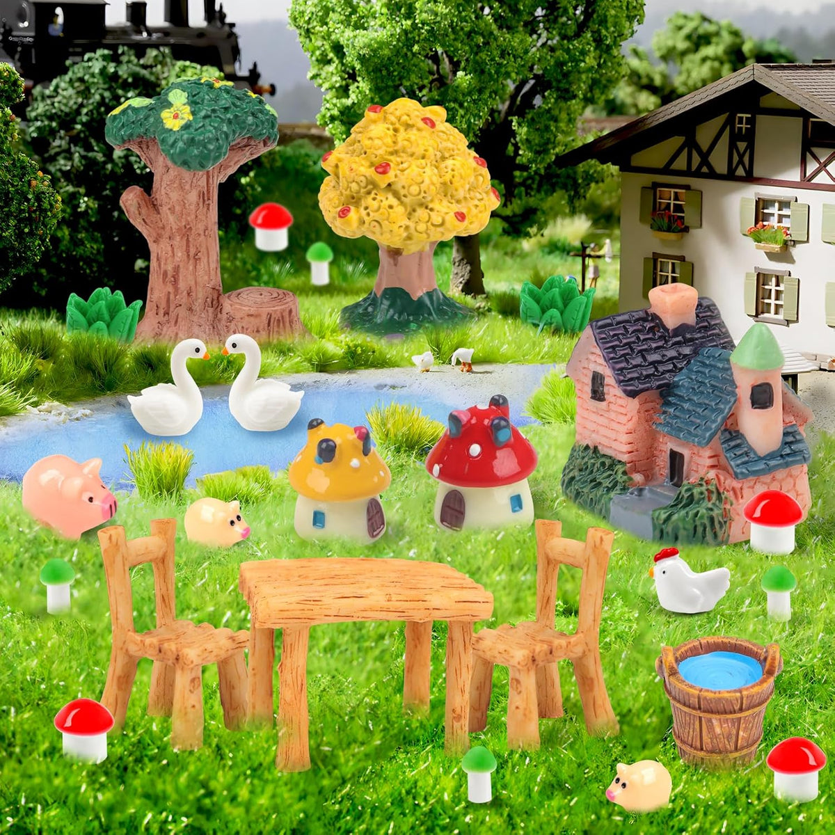 50 Pcs Fairy Garden Miniatures Accessories Bridge House Landscape Water Well Animal Fence Tree Sand