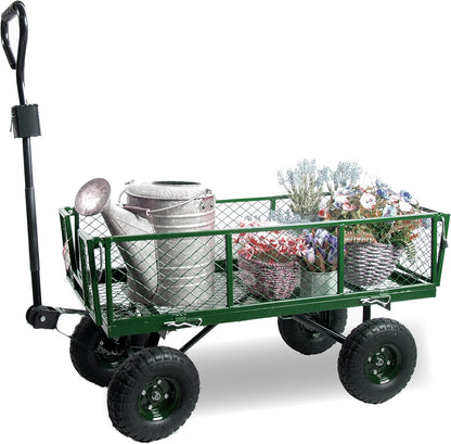 Backyard Expressions Heavy Duty 600 Lbs Capacity Mesh Steel Garden Cart Folding Utility Wagon with