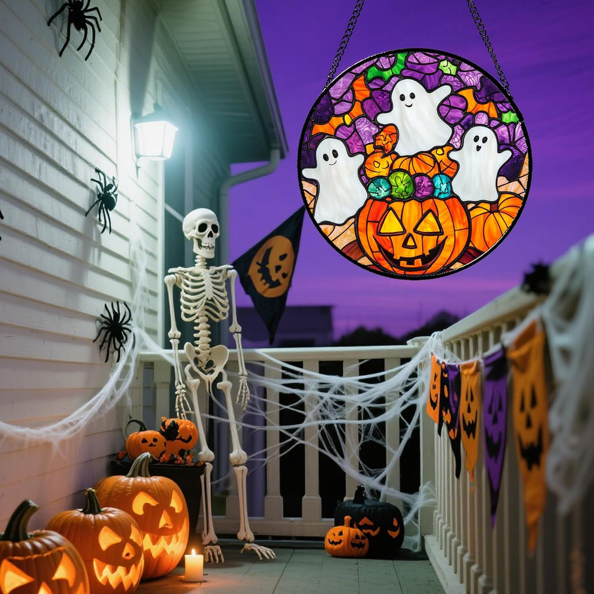 Stained Glass Window Hanging Halloween Horror Pumpkin White Ghost 7.8" - Suncatcher Door Garden