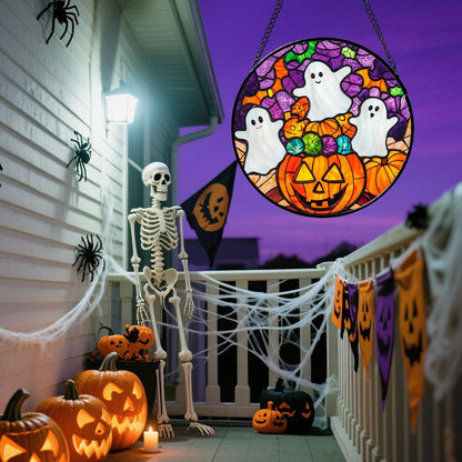 Stained Glass Window Hanging Halloween Horror Pumpkin White Ghost 9.8" - Suncatcher Door Garden