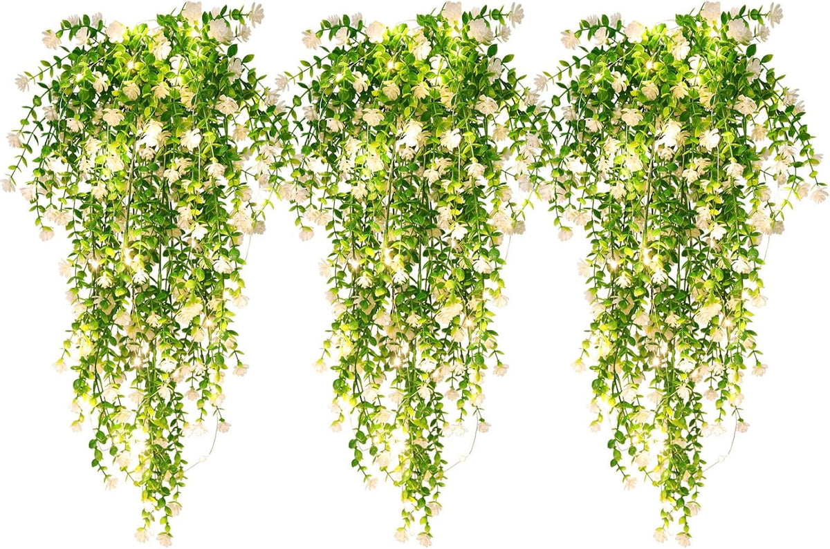 RECUTMS 3 Pcs Hanging Fake Plants Fake Vines Artificial Plants Large Faux Hanging Plant with 30 LED