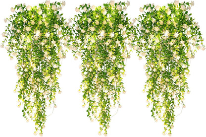 RECUTMS 3 Pcs Hanging Fake Plants Fake Vines Artificial Plants Large Faux Hanging Plant with 30 LED