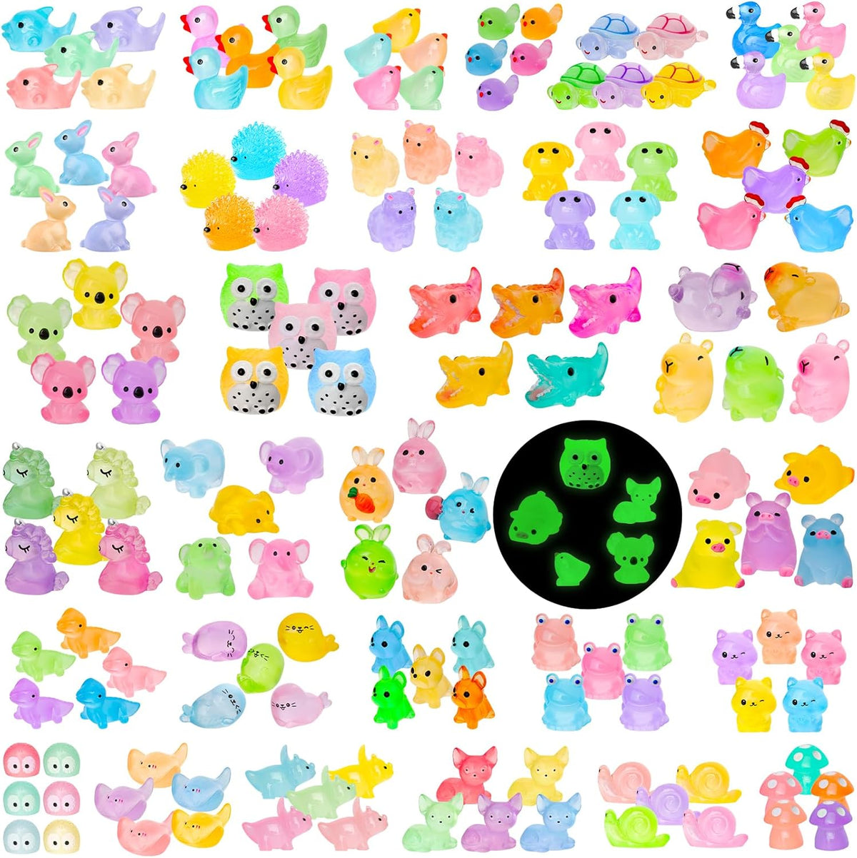200pcs Luminous Mini Resin Animals 30 Types Miniature Resin Animal Figurines to Hide Bulk Glow in