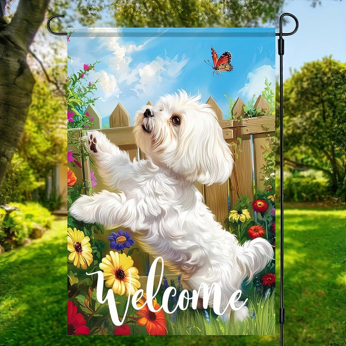 BlissYard Welcome Spring Summer Flowers Maltese Dog Garden Flag Lovely Floral Seasonal Home Decor