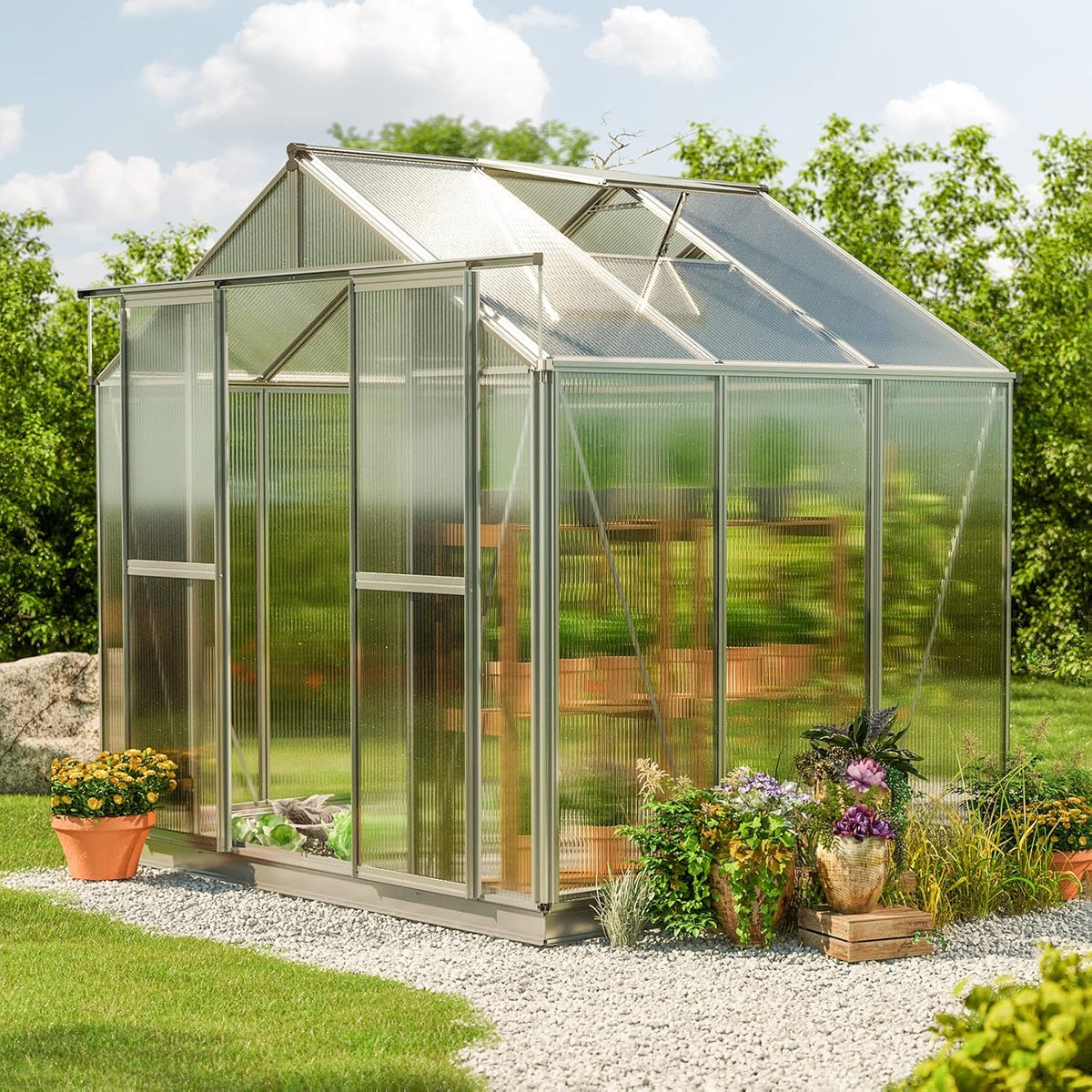 Greenhouse Saphir 3 Aluminum Frame 8.5 x 6.4 ft Approx. 8 mm Polycarbonate Panels - with Bonus Base