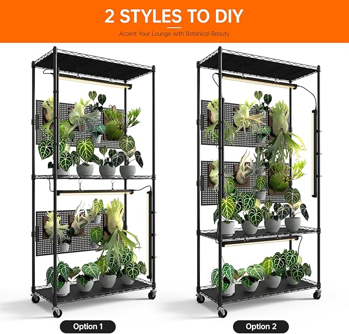 Bstrip Plant Shelf with Grow Light & Pegboard, Metal Plant Stand with Adjustable Rack and Wheels, 4