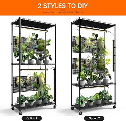 Bstrip Plant Shelf with Grow Light & Pegboard, Metal Plant Stand with Adjustable Rack and Wheels, 4