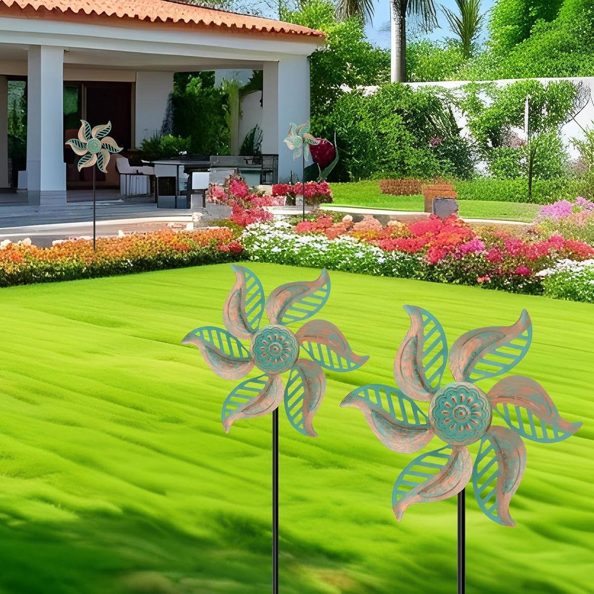 2 Pack Wind Spinner Outdoor Metal Vintage Green,Garden Pinwheels Waterproof Wind Sculptures, Small