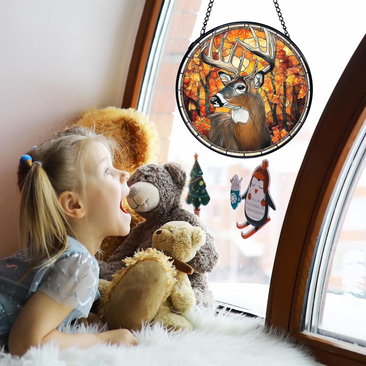 TNUW Fall Deer Stained Glass Window Hanging, Rustic Autumn Forest Wildlife Deer Sun Catchers Indoor