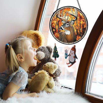 TNUW Fall Deer Stained Glass Window Hanging, Rustic Autumn Forest Wildlife Deer Sun Catchers Indoor