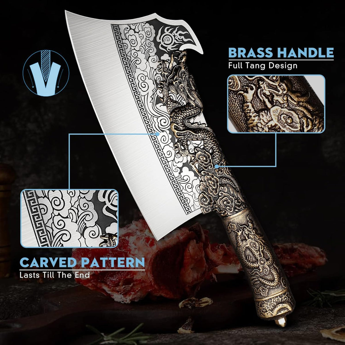 ROCOCO 2lb Dragon Butcher Knife Heavey Duty Cleaver Knife for Meat Bone Cutting 9.5" Cool Big