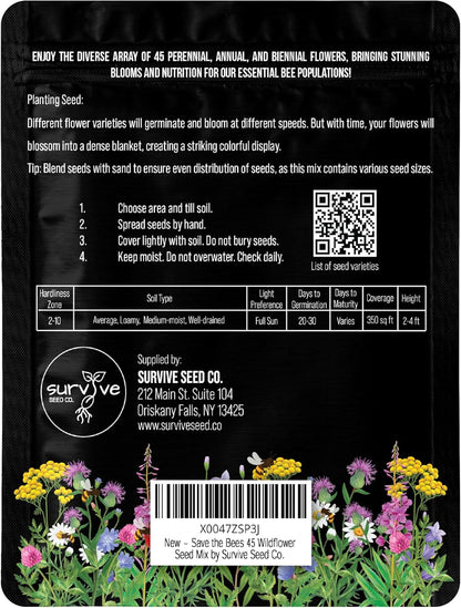 Package of 100,000 Wildflower Seeds - Save The Bees Wild Flower Seeds Collection - 45 Varieties of
