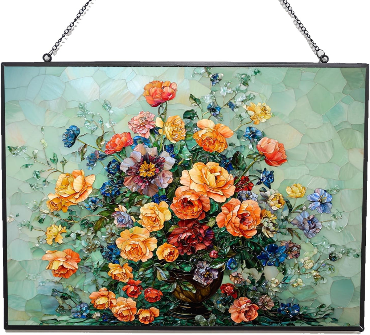 Customized Rectangle Flower Vase Stained Glass Window Hanging Sun Catcher Halloween Haning Ornament